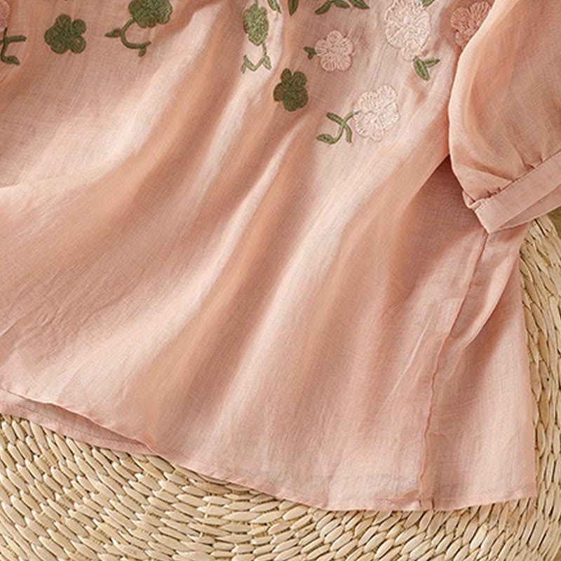 Buddha Stones Casual Kobiety Kwiaty Zielone Liście Haft Wzór Dekolt w Serek Projekt Pół Rękaw Bawełna Lniana Koszula - image 3