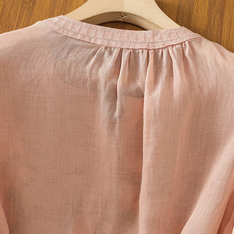 Buddha Stones Casual Kobiety Kwiaty Zielone Liście Haft Wzór Dekolt w Serek Projekt Pół Rękaw Bawełna Lniana Koszula - image 5