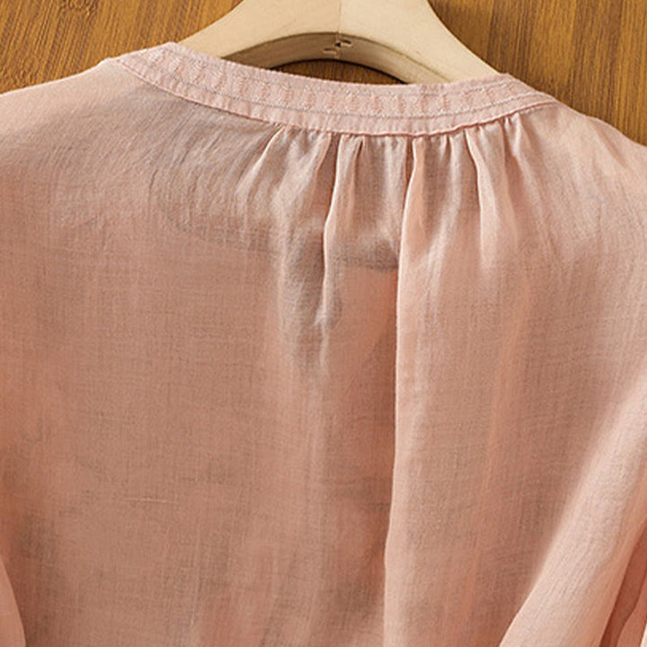 Buddha Stones Casual Kobiety Kwiaty Zielone Liście Haft Wzór Dekolt w Serek Projekt Pół Rękaw Bawełna Lniana Koszula - image 5