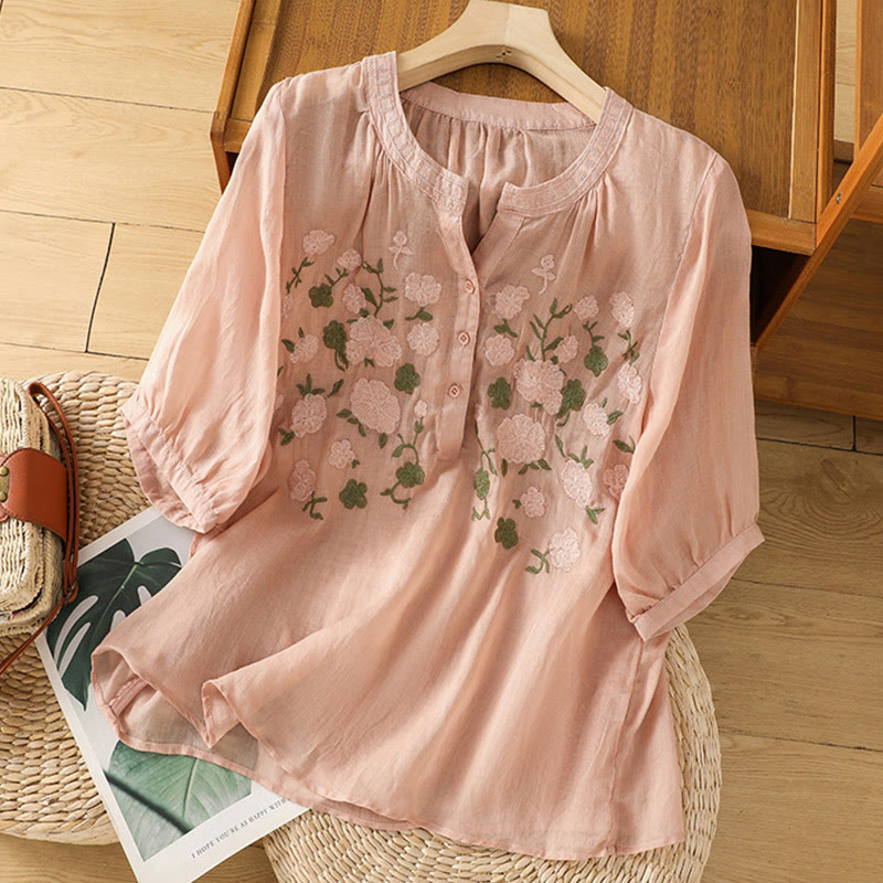 Buddha Stones Casual Kobiety Kwiaty Zielone Liście Haft Wzór Dekolt w Serek Projekt Pół Rękaw Bawełna Lniana Koszula - image 1