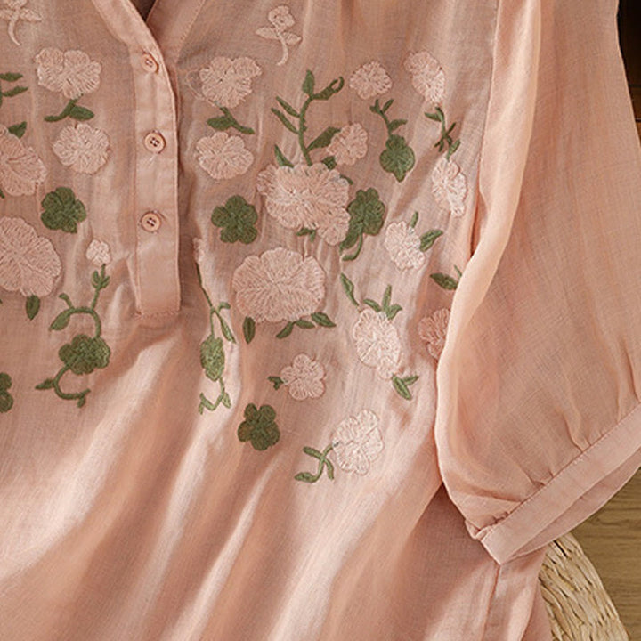 Buddha Stones Casual Kobiety Kwiaty Zielone Liście Haft Wzór Dekolt w Serek Projekt Pół Rękaw Bawełna Lniana Koszula - image 8