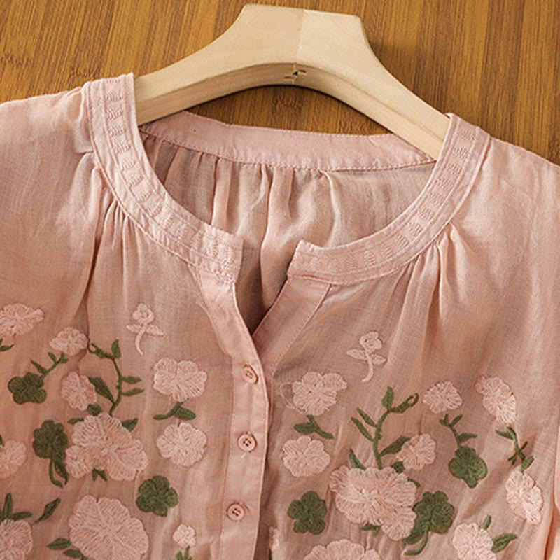 Buddha Stones Casual Kobiety Kwiaty Zielone Liście Haft Wzór Dekolt w Serek Projekt Pół Rękaw Bawełna Lniana Koszula - image 7