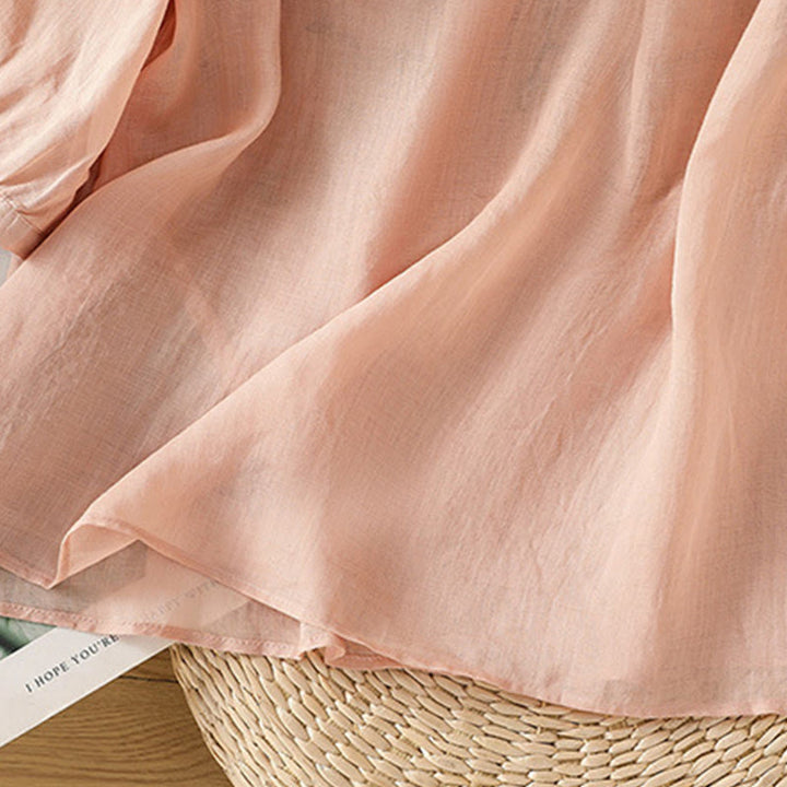 Buddha Stones Casual Kobiety Kwiaty Zielone Liście Haft Wzór Dekolt w Serek Projekt Pół Rękaw Bawełna Lniana Koszula - image 6