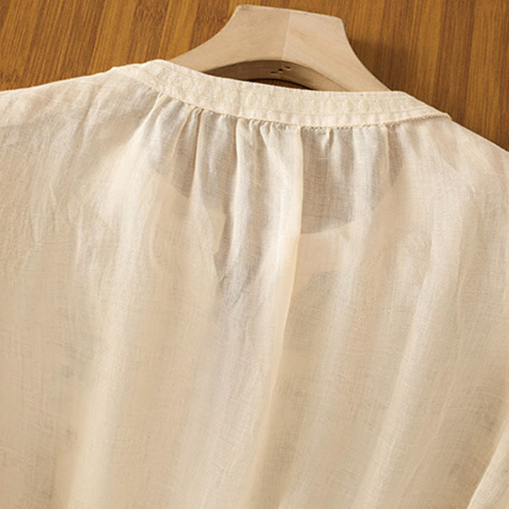 Buddha Stones Casual Kobiety Kwiaty Zielone Liście Haft Wzór Dekolt w Serek Projekt Pół Rękaw Bawełna Lniana Koszula - image 14