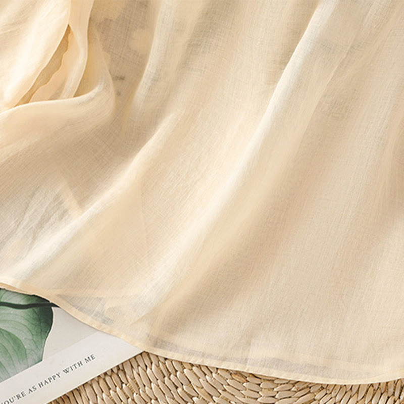 Buddha Stones Casual Kobiety Kwiaty Zielone Liście Haft Wzór Dekolt w Serek Projekt Pół Rękaw Bawełna Lniana Koszula - image 12