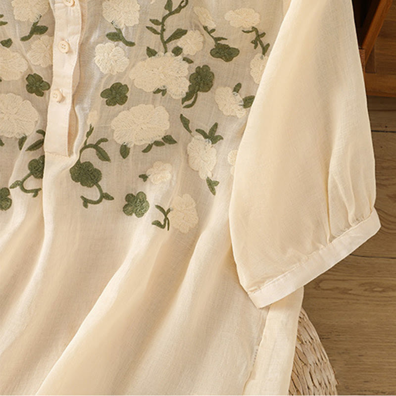 Buddha Stones Casual Kobiety Kwiaty Zielone Liście Haft Wzór Dekolt w Serek Projekt Pół Rękaw Bawełna Lniana Koszula - image 15