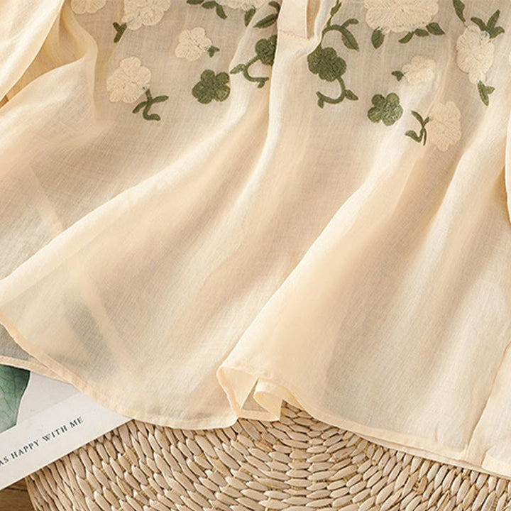 Buddha Stones Casual Kobiety Kwiaty Zielone Liście Haft Wzór Dekolt w Serek Projekt Pół Rękaw Bawełna Lniana Koszula - image 13