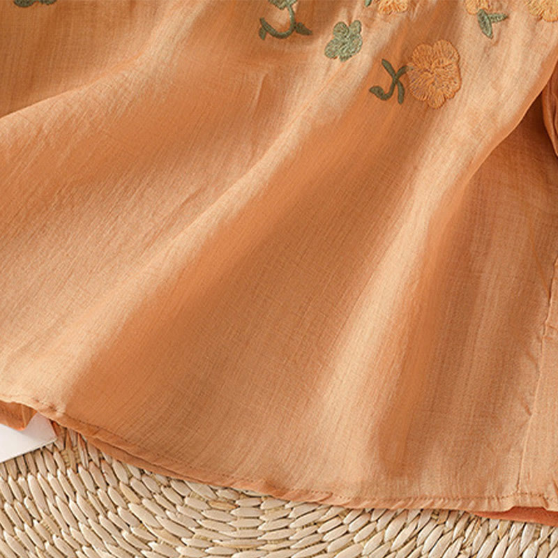 Buddha Stones Casual Kobiety Kwiaty Zielone Liście Haft Wzór Dekolt w Serek Projekt Pół Rękaw Bawełna Lniana Koszula - image 19