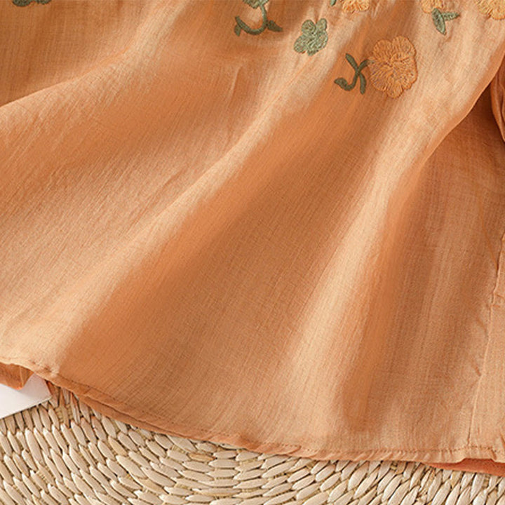 Buddha Stones Casual Kobiety Kwiaty Zielone Liście Haft Wzór Dekolt w Serek Projekt Pół Rękaw Bawełna Lniana Koszula - image 19