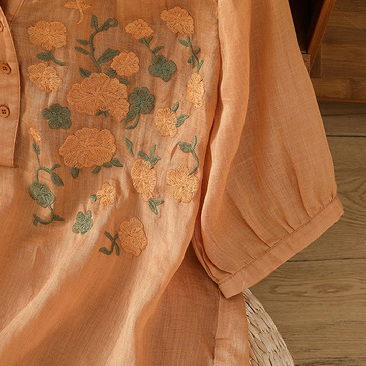 Buddha Stones Casual Kobiety Kwiaty Zielone Liście Haft Wzór Dekolt w Serek Projekt Pół Rękaw Bawełna Lniana Koszula - image 18