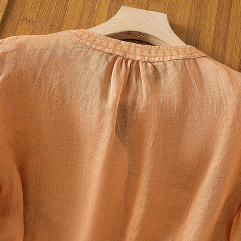 Buddha Stones Casual Kobiety Kwiaty Zielone Liście Haft Wzór Dekolt w Serek Projekt Pół Rękaw Bawełna Lniana Koszula - image 21