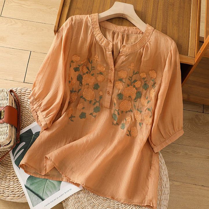 Buddha Stones Casual Kobiety Kwiaty Zielone Liście Haft Wzór Dekolt w Serek Projekt Pół Rękaw Bawełna Lniana Koszula - SandyBrown - US8-10，UK/AU12-14，EU40-42 (2XL) - image 16