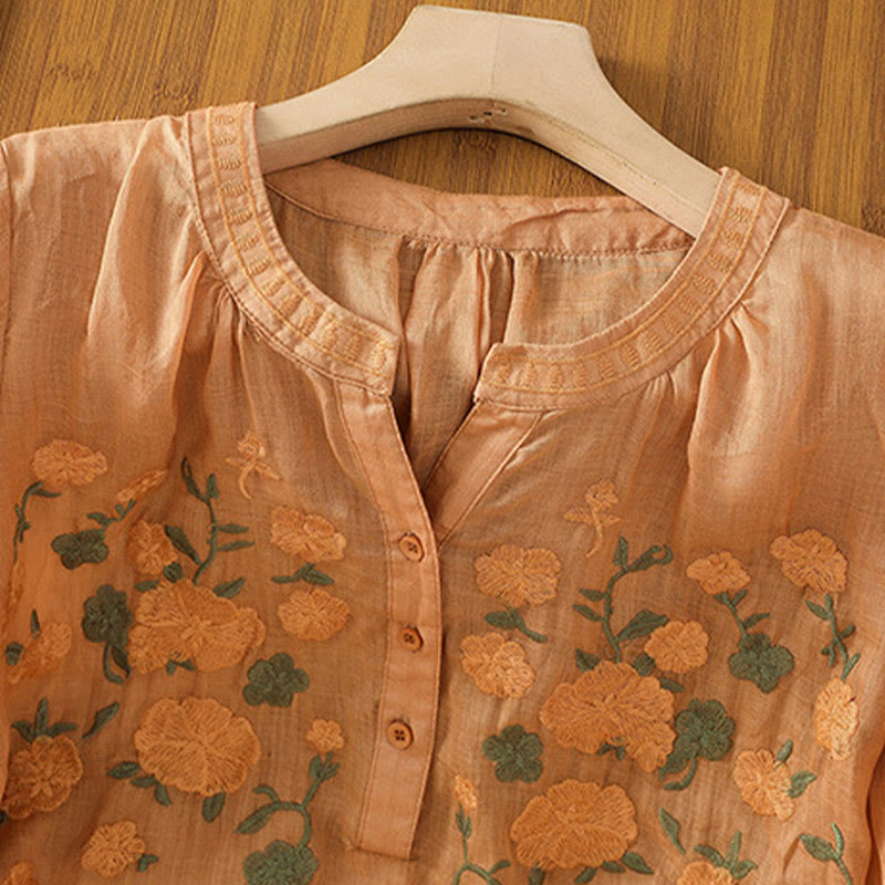 Buddha Stones Casual Kobiety Kwiaty Zielone Liście Haft Wzór Dekolt w Serek Projekt Pół Rękaw Bawełna Lniana Koszula - image 22