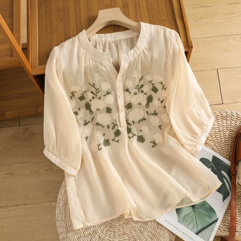 Buddha Stones Casual Kobiety Kwiaty Zielone Liście Haft Wzór Dekolt w Serek Projekt Pół Rękaw Bawełna Lniana Koszula - PapayaWhip - US8-10，UK/AU12-14，EU40-42 (2XL) - image 9