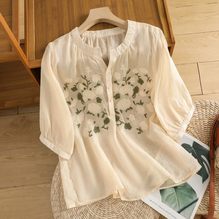 Buddha Stones Casual Kobiety Kwiaty Zielone Liście Haft Wzór Dekolt w Serek Projekt Pół Rękaw Bawełna Lniana Koszula - PapayaWhip - US8-10，UK/AU12-14，EU40-42 (2XL) - image 9