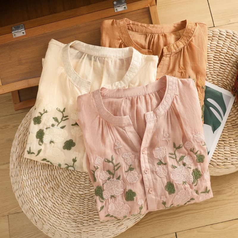 Buddha Stones Casual Kobiety Kwiaty Zielone Liście Haft Wzór Dekolt w Serek Projekt Pół Rękaw Bawełna Lniana Koszula - image 24