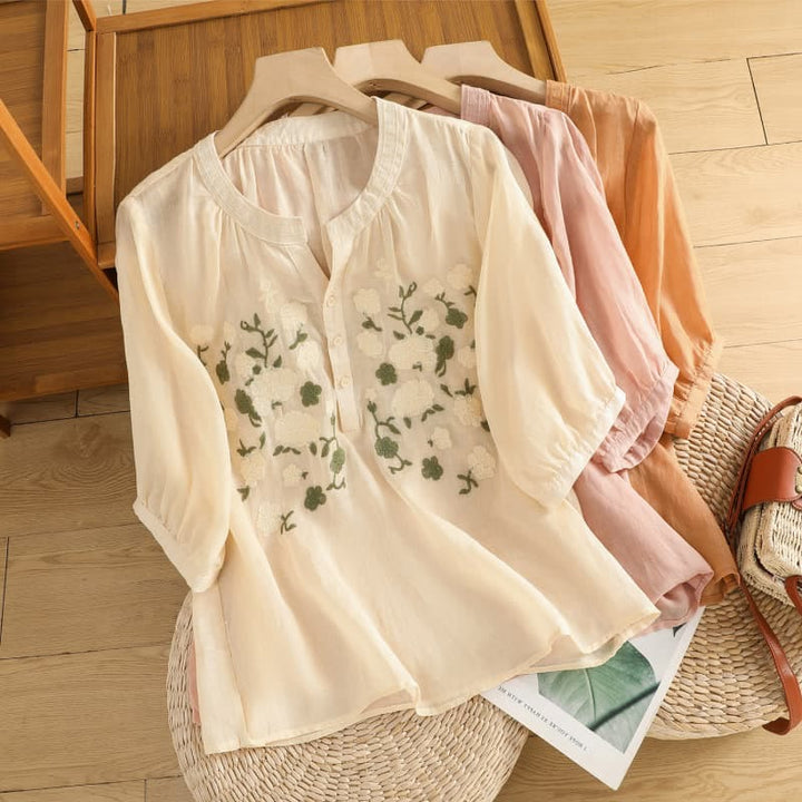 Buddha Stones Casual Kobiety Kwiaty Zielone Liście Haft Wzór Dekolt w Serek Projekt Pół Rękaw Bawełna Lniana Koszula - image 23