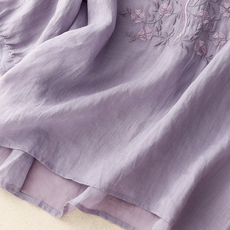 Buddha Stones Letnia swobodna haftowana kwiaty damska koszulka z dekoltem w serek z krótkim rękawem akrylowa - image 4