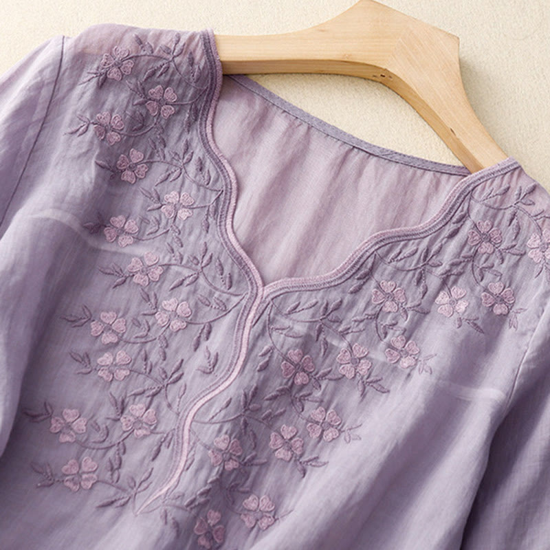 Buddha Stones Letnia swobodna haftowana kwiaty damska koszulka z dekoltem w serek z krótkim rękawem akrylowa