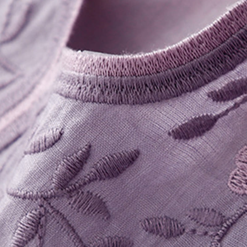 Buddha Stones Letnia swobodna haftowana kwiaty damska koszulka z dekoltem w serek z krótkim rękawem akrylowa - image 5