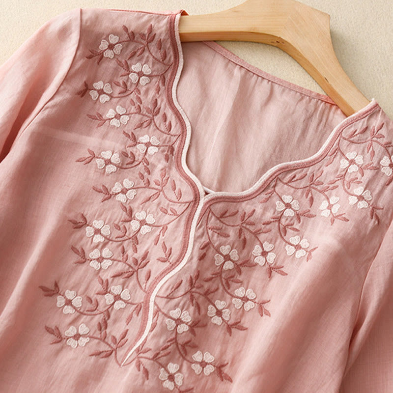 Buddha Stones Letnia swobodna haftowana kwiaty damska koszulka z dekoltem w serek z krótkim rękawem akrylowa