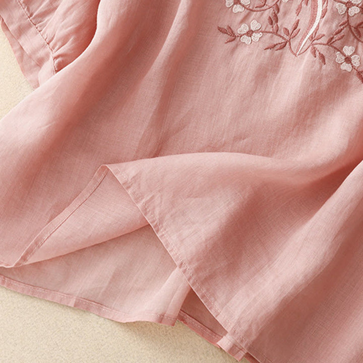 Buddha Stones Letnia swobodna haftowana kwiaty damska koszulka z dekoltem w serek z krótkim rękawem akrylowa - image 10