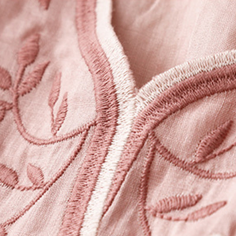 Buddha Stones Letnia swobodna haftowana kwiaty damska koszulka z dekoltem w serek z krótkim rękawem akrylowa - image 8