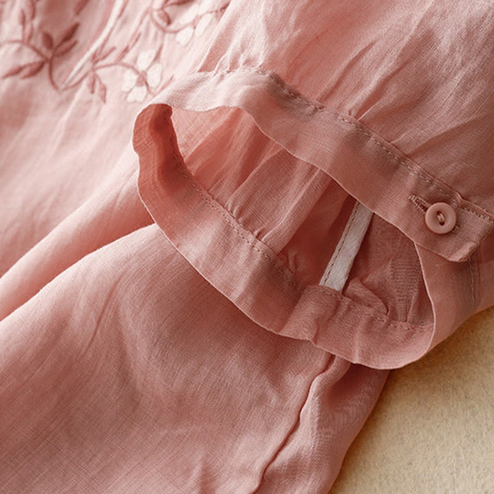 Buddha Stones Letnia swobodna haftowana kwiaty damska koszulka z dekoltem w serek z krótkim rękawem akrylowa - image 9