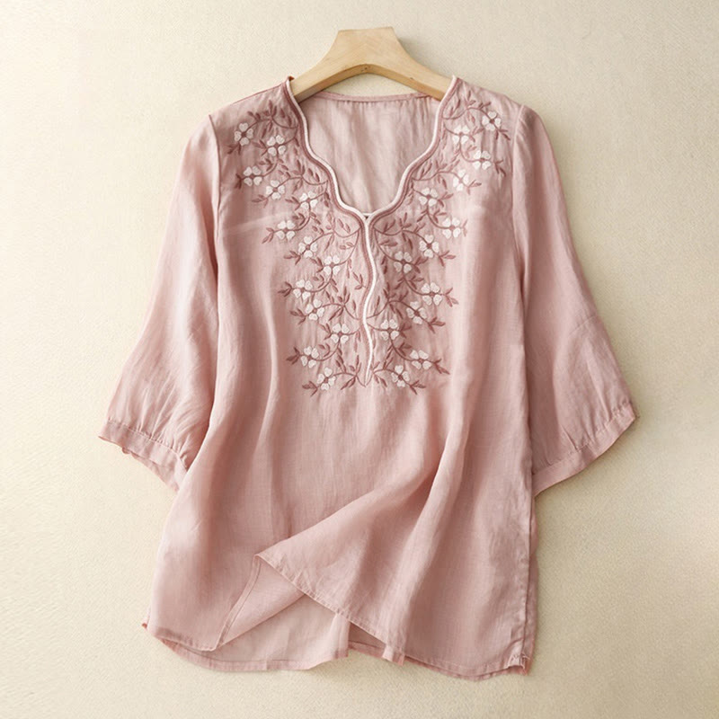 Buddha Stones Letnia swobodna haftowana kwiaty damska koszulka z dekoltem w serek z krótkim rękawem akrylowa - Różowy - US8-10，UK/AU12-14，EU40-42 (2XL) - image 6