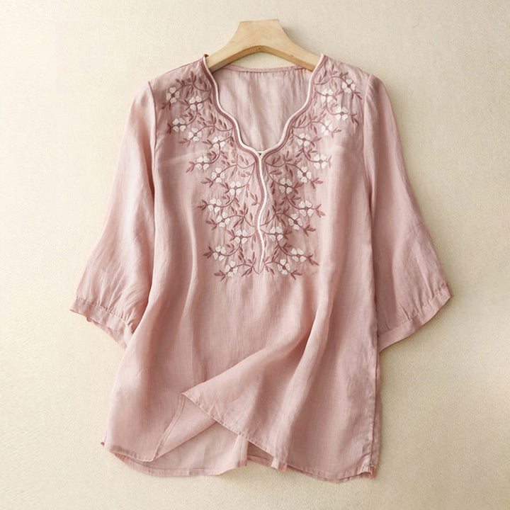 Buddha Stones Letnia swobodna haftowana kwiaty damska koszulka z dekoltem w serek z krótkim rękawem akrylowa - Różowy - US8-10，UK/AU12-14，EU40-42 (2XL) - image 6