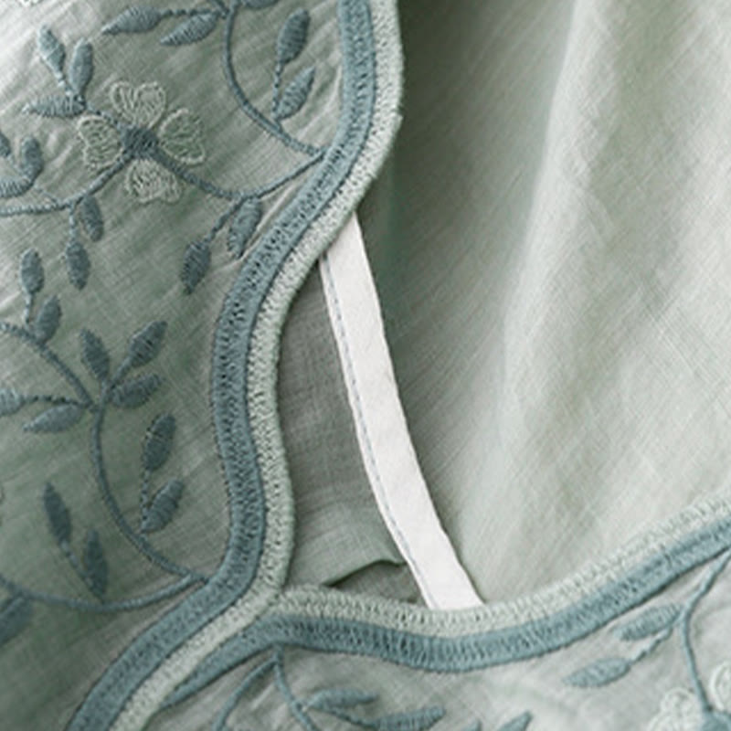 Buddha Stones Letnia swobodna haftowana kwiaty damska koszulka z dekoltem w serek z krótkim rękawem akrylowa