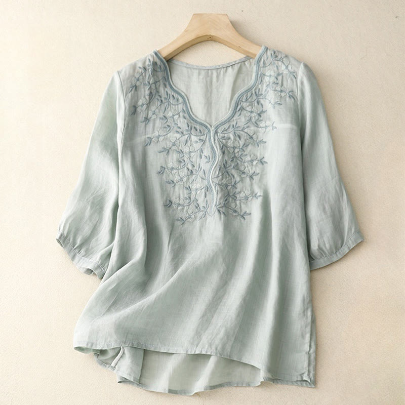 Buddha Stones Letnia swobodna haftowana kwiaty damska koszulka z dekoltem w serek z krótkim rękawem akrylowa - PowderBlue - US8-10，UK/AU12-14，EU40-42 (2XL) - image 12