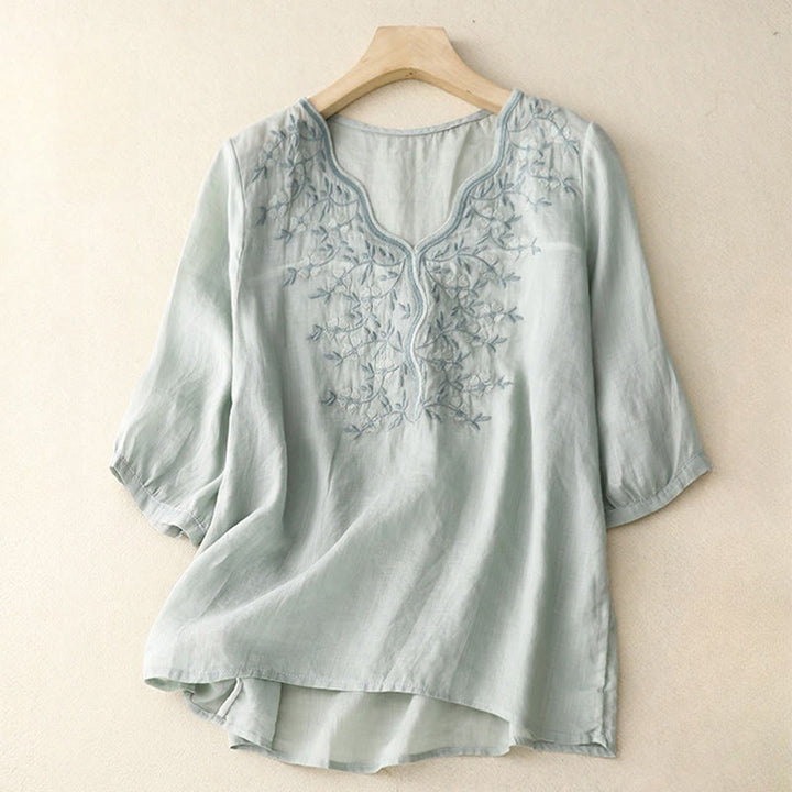 Buddha Stones Letnia swobodna haftowana kwiaty damska koszulka z dekoltem w serek z krótkim rękawem akrylowa - PowderBlue - US8-10，UK/AU12-14，EU40-42 (2XL) - image 12