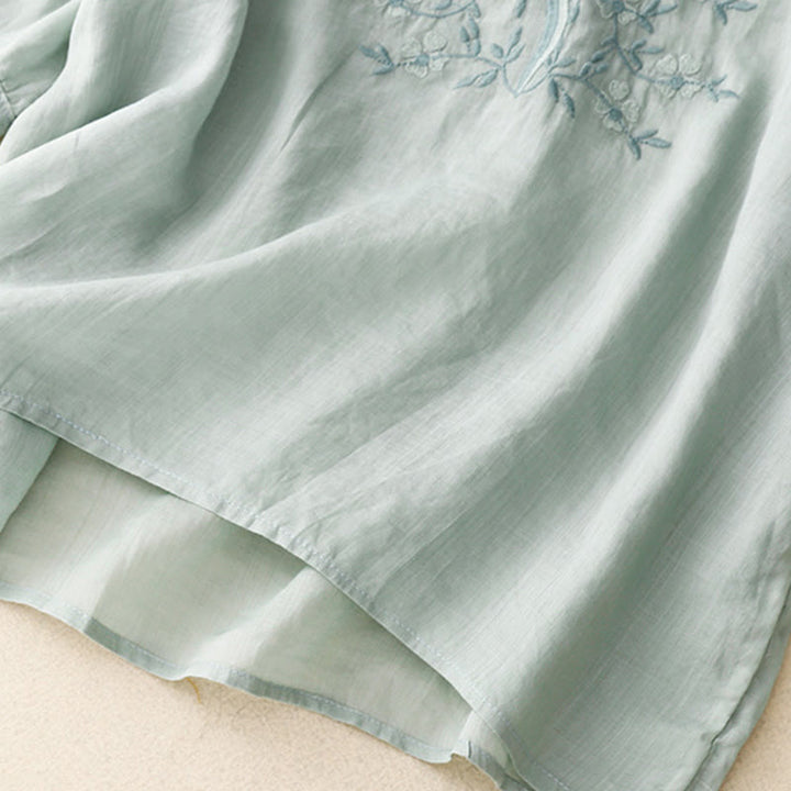 Buddha Stones Letnia swobodna haftowana kwiaty damska koszulka z dekoltem w serek z krótkim rękawem akrylowa