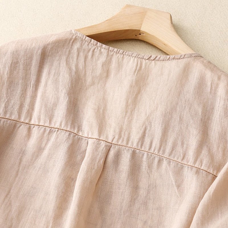 Buddha Stones Letnia swobodna haftowana kwiaty damska koszulka z dekoltem w serek z krótkim rękawem akrylowa - image 20