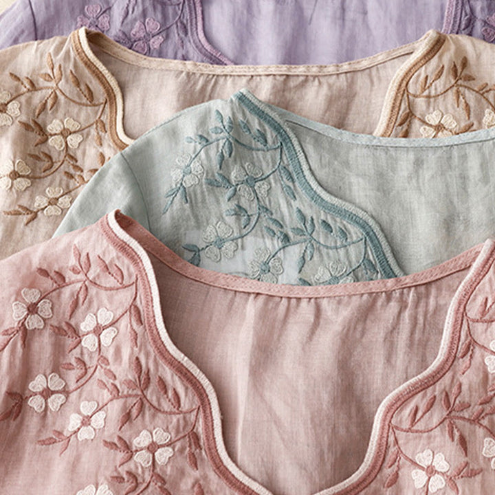 Buddha Stones Letnia swobodna haftowana kwiaty damska koszulka z dekoltem w serek z krótkim rękawem akrylowa - image 23