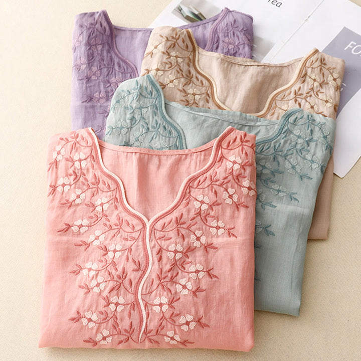 Buddha Stones Letnia swobodna haftowana kwiaty damska koszulka z dekoltem w serek z krótkim rękawem akrylowa - image 22