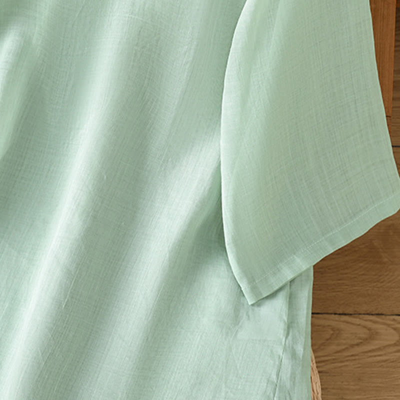 Koszula damska z haftem w kwiaty i liście z Buddha Stones, guziki żaby, okrągły dekolt, półrękaw, bawełna, len - image 5