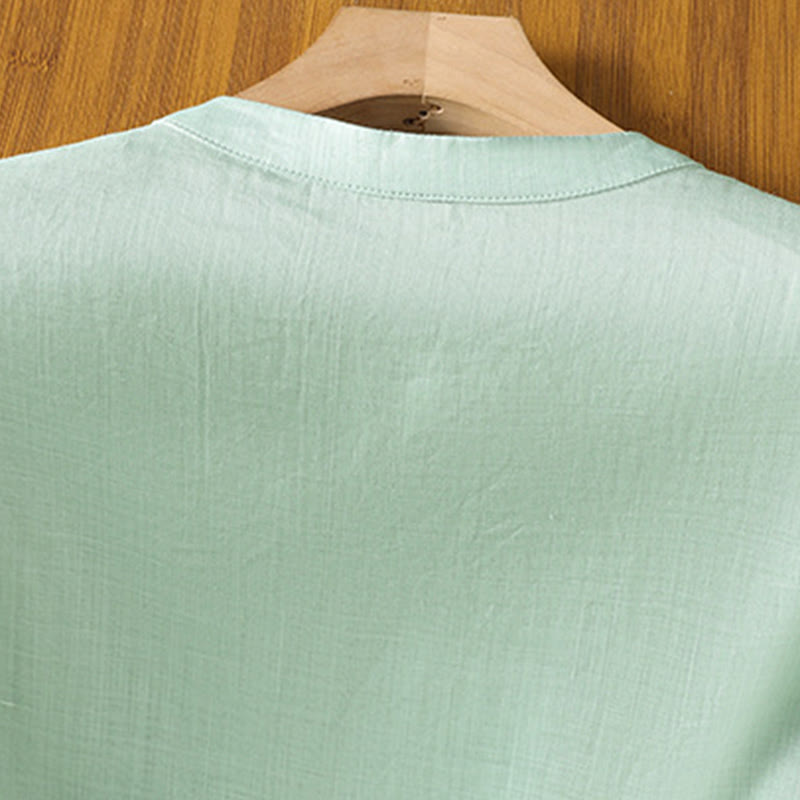 Koszula damska z haftem w kwiaty i liście z Buddha Stones, guziki żaby, okrągły dekolt, półrękaw, bawełna, len