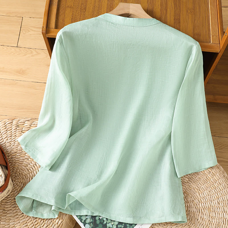 Koszula damska z haftem w kwiaty i liście z Buddha Stones, guziki żaby, okrągły dekolt, półrękaw, bawełna, len - image 1