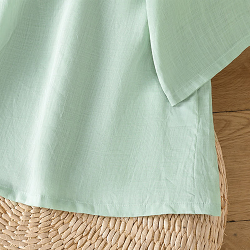 Koszula damska z haftem w kwiaty i liście z Buddha Stones, guziki żaby, okrągły dekolt, półrękaw, bawełna, len - image 4