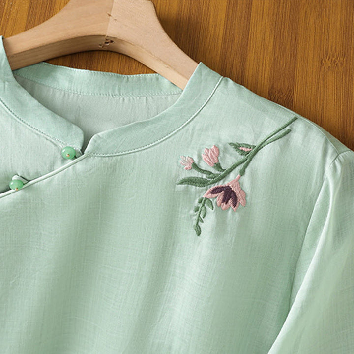 Koszula damska z haftem w kwiaty i liście z Buddha Stones, guziki żaby, okrągły dekolt, półrękaw, bawełna, len - image 2