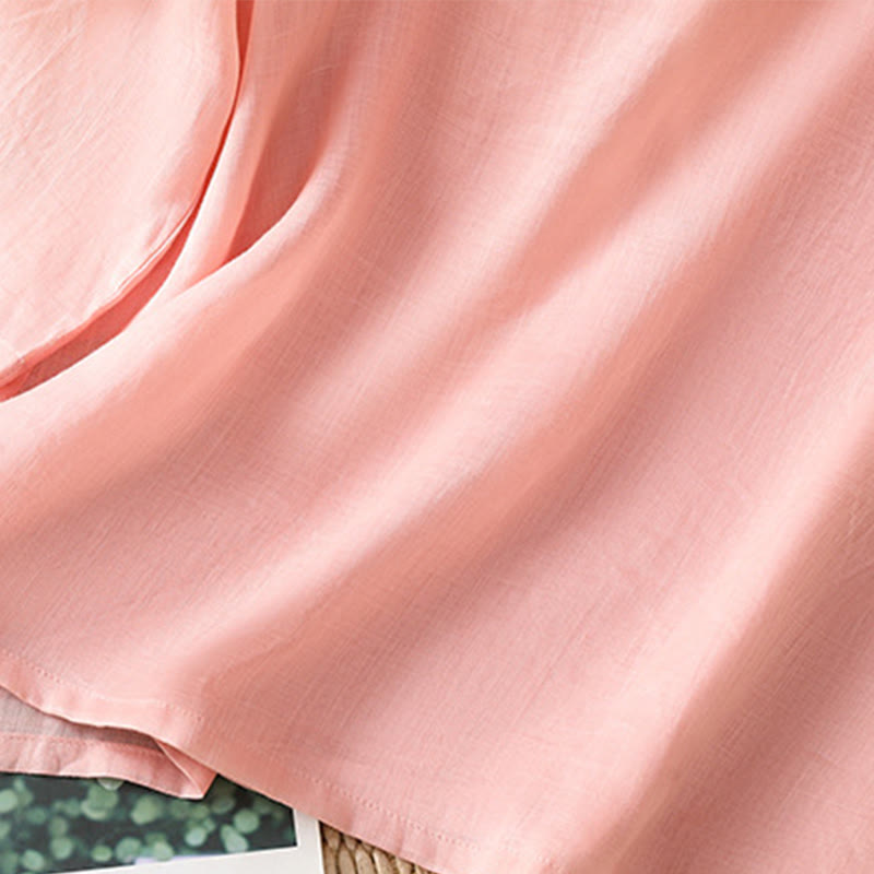 Koszula damska z haftem w kwiaty i liście z Buddha Stones, guziki żaby, okrągły dekolt, półrękaw, bawełna, len - image 8