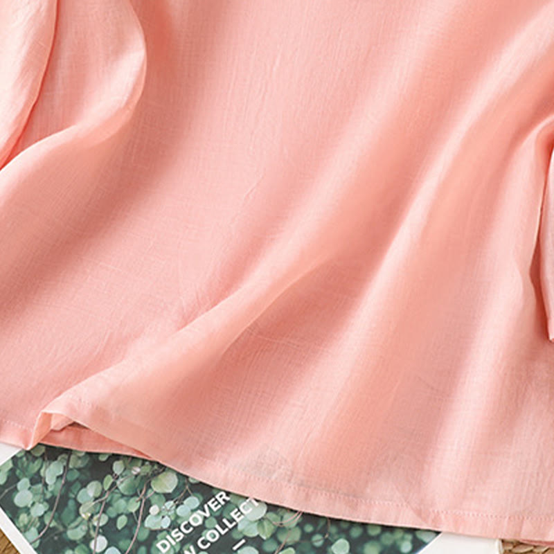 Koszula damska z haftem w kwiaty i liście z Buddha Stones, guziki żaby, okrągły dekolt, półrękaw, bawełna, len