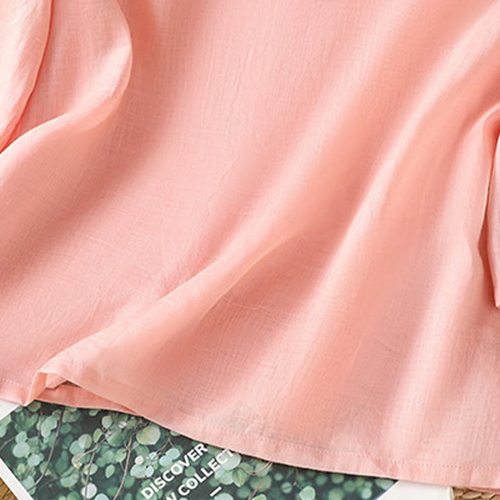 Koszula damska z haftem w kwiaty i liście z Buddha Stones, guziki żaby, okrągły dekolt, półrękaw, bawełna, len