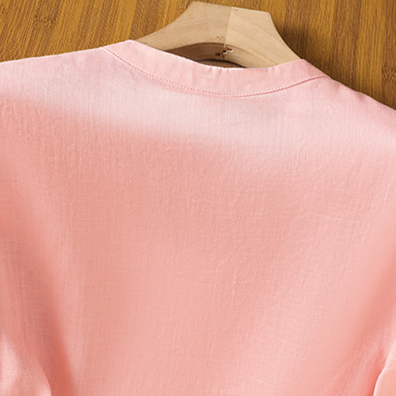 Koszula damska z haftem w kwiaty i liście z Buddha Stones, guziki żaby, okrągły dekolt, półrękaw, bawełna, len - image 10