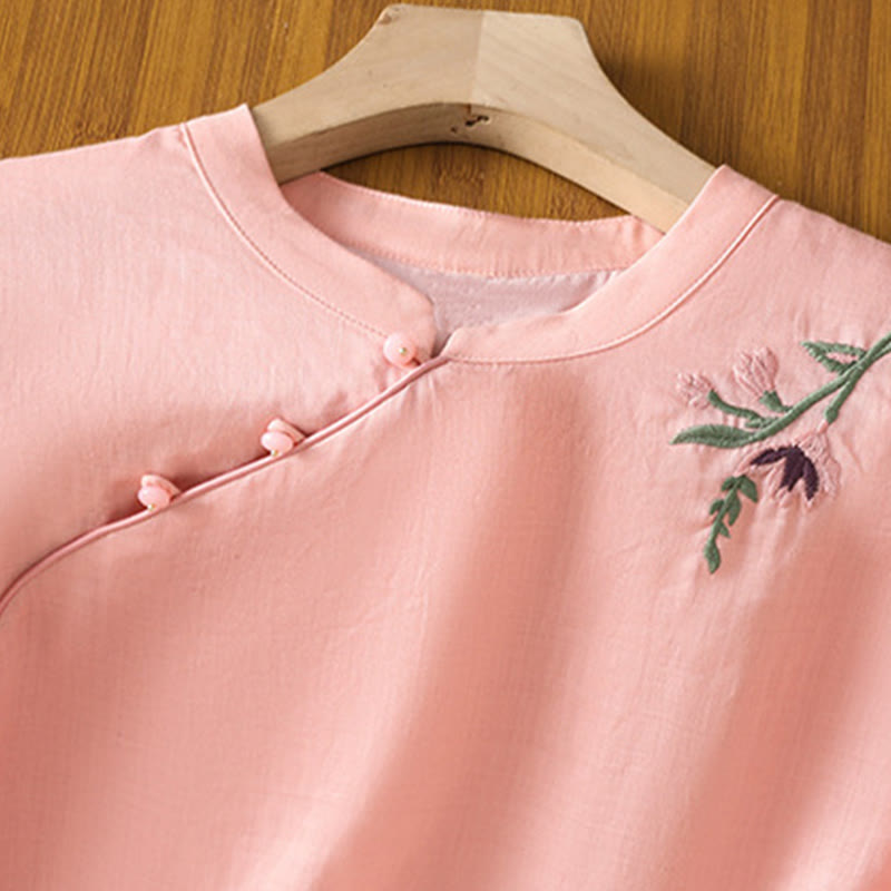 Koszula damska z haftem w kwiaty i liście z Buddha Stones, guziki żaby, okrągły dekolt, półrękaw, bawełna, len - image 9