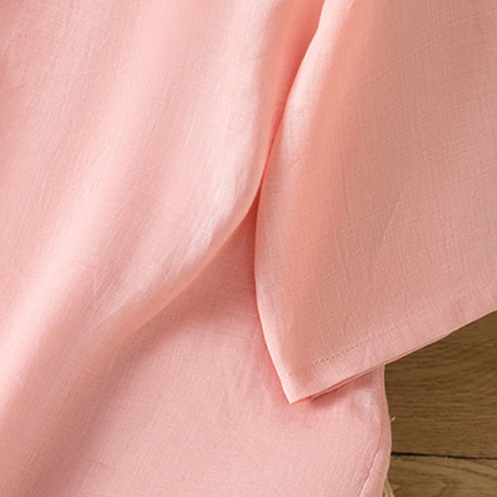 Koszula damska z haftem w kwiaty i liście z Buddha Stones, guziki żaby, okrągły dekolt, półrękaw, bawełna, len