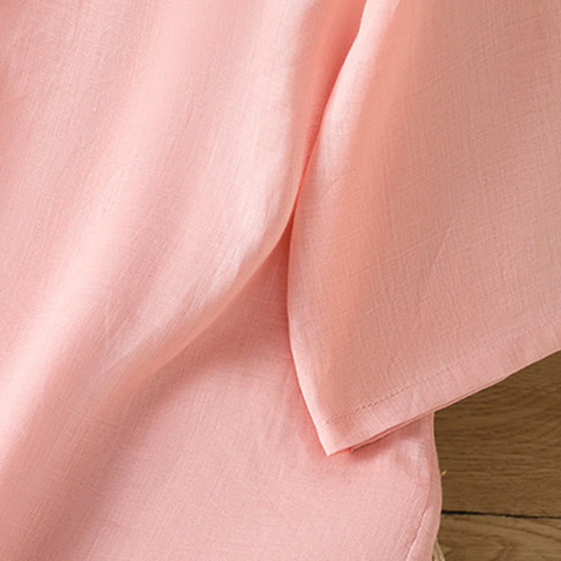 Koszula damska z haftem w kwiaty i liście z Buddha Stones, guziki żaby, okrągły dekolt, półrękaw, bawełna, len - image 11