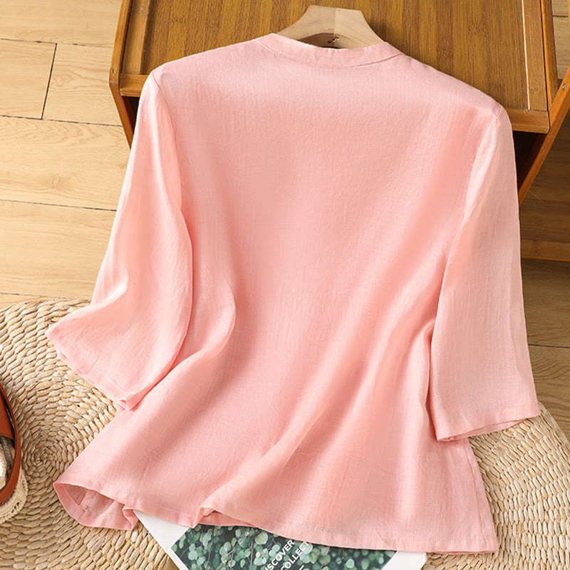 Koszula damska z haftem w kwiaty i liście z Buddha Stones, guziki żaby, okrągły dekolt, półrękaw, bawełna, len